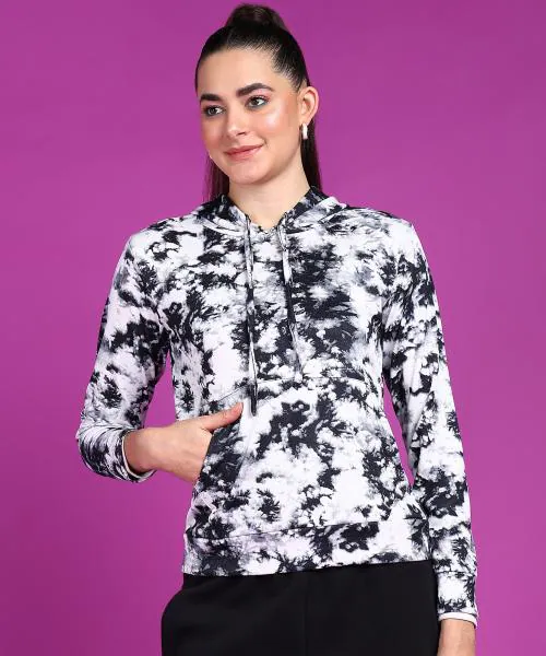 Popwings Women Casual Black & White Tie & Dye Printed Pocket Hooded Sweatshirt | Women Trendy Sweatshirt | Women Full Sleeveshirt | Women Latest Design Sweatshirt