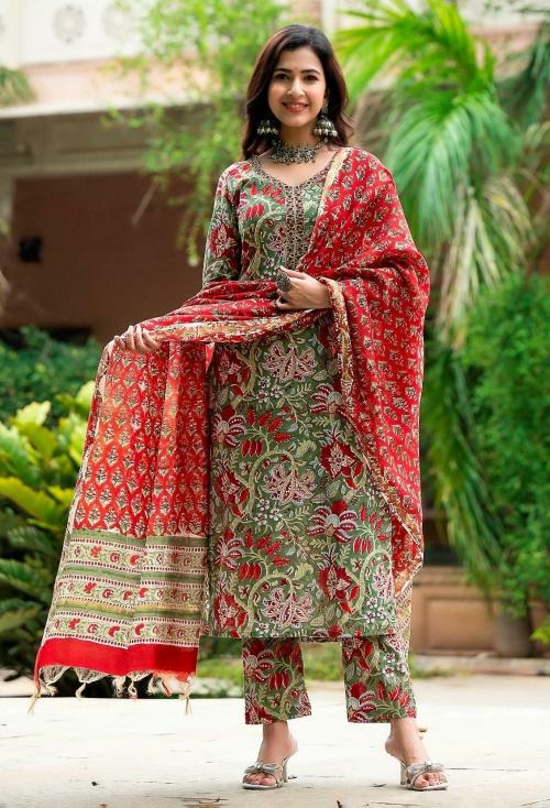 Nermosa Women Multicolor Printed Viscose Rayon Kurta, Pant And Dupatta Set | Kurta Set Women