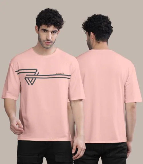 BULLMER Oversized Peach Front Printed / Colourblock Baggy / Oversized Tshirt for Men