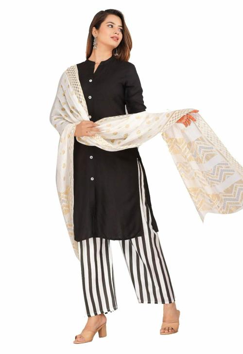 SANGALPATI Womens Casual Solid Black Kurta With Stripe Pant And Banarsi Dupatta ( L )