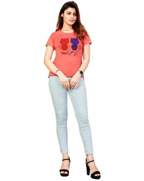 LADYBITE Women Pink Printed Cotton Blend T-Shirt - L
