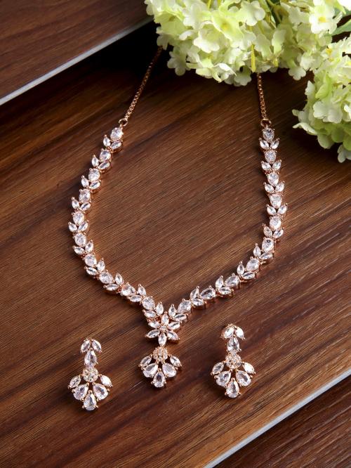 ZENEME Rose Gold-Plated AD-Studded Handcrafted Floral Shaped Jewellery Set for Women