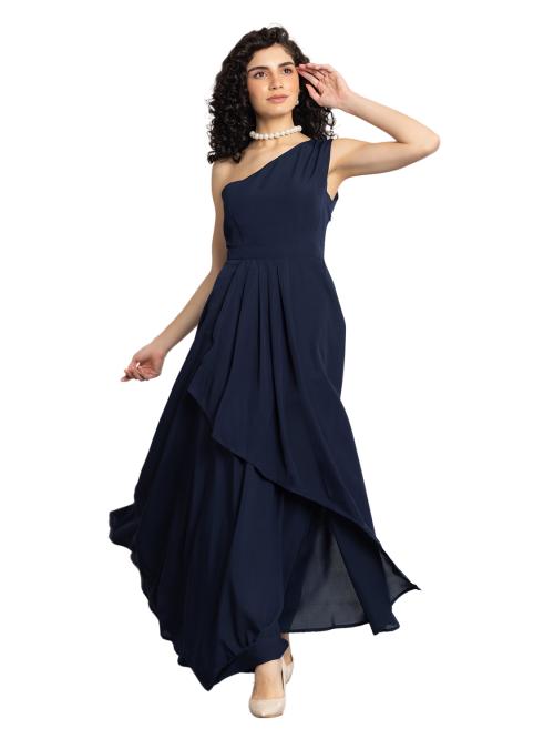RHYSLEY Dark Blue One Shoulder Draped Maxi Dress