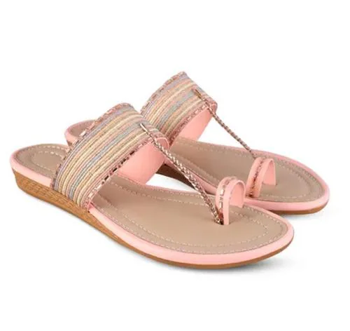 MK STYLE women flats slippers stylish model fashion flat casual daily use beige cream off white sandals t-strap flip flops for girls ladies slipper chappal(Peach)