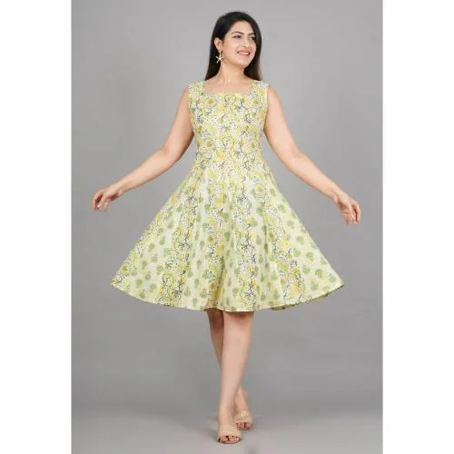 PE FASHION Women's Sleeveless Flared Dress with Yellow and Green Floral Print Elegant Fit and Flare Design for Casual and Summer Outfits | Yellow-Green | Size-XXL