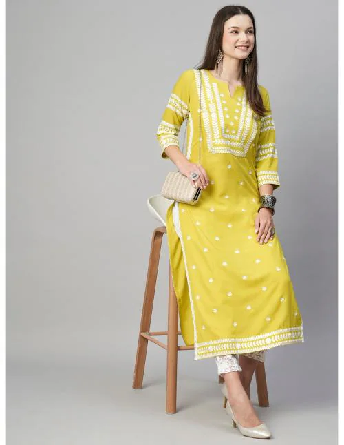 Anni Designer Women's Yellow Straight Embroidered Kurti