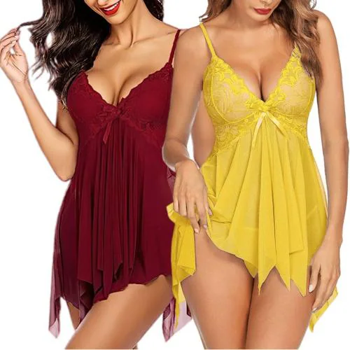 Arnoni aaliya Sexy and Comfortable Lace Babydoll Lingerie for Women, Baby doll Honeymoon Lingerie for Women, Women Lingerie Satin Lace Chemise Nightgown, Babydoll Dress for Spacail Night (maroon,yellow)