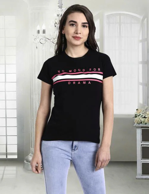 Fabflee Women Black Typographic Pure Cotton Tshirt l women tshirt l tshirt for womenWomen tshirt | Tops for women | T shirt for women | Women Tops | T shirt | Women | Tops