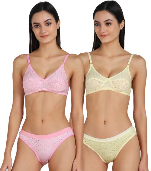 In-Curve -Women Cotton Bra Panty Set for Lingerie Set ( Pack of 2 ) ( Color : Pink,Yellow ) ( Pattern : Self Design )
