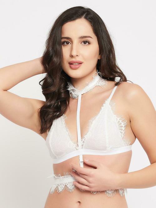 Clovia White Solid Lace Single Plunge Bra