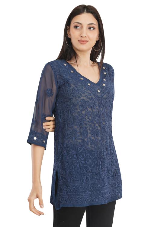 gkmilan Blue Cotton Kurta for Women Hand Embroidered Straight Short Kurti Embroidered Ethnic Summer Wear with sea shell buttons -Colour-Blue-Size-XXL