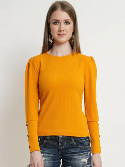 Popwings Women Casual 6 Button Puff Long Sleeves Women Mustard Latest Trendy Tops | Full Sleeve Tops | Round Neck Tops | Regular Tops | Casual Tops | Western Wear Tops