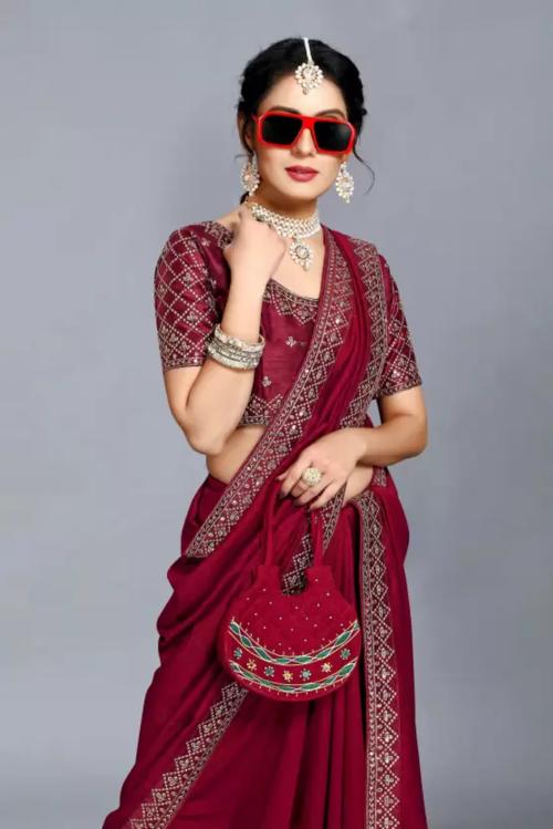 PARTY WEAR EMBROIDERD MAROON SAREE