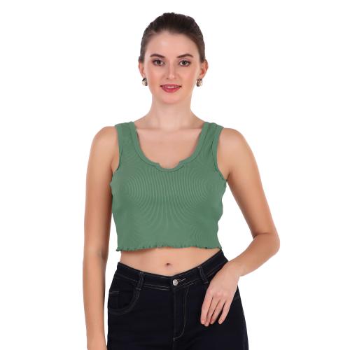 S STAIR Pista Green Crop top Women's & Girls' Solid Square Neck Tank top