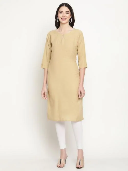 Queenley Women's Beige Cotton Straight Knee Length Kurti