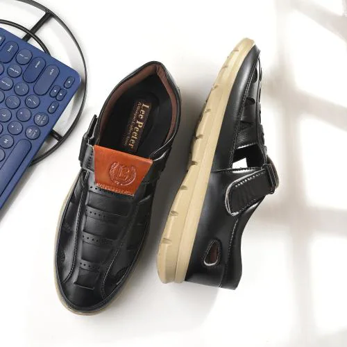 LeePeeter Premium Synthetic Leather Fisherman Sandals for Men (Black)