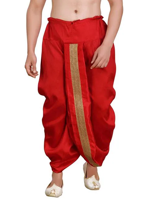 Encino Mens Red Soild Silk Pitambari Dhoti