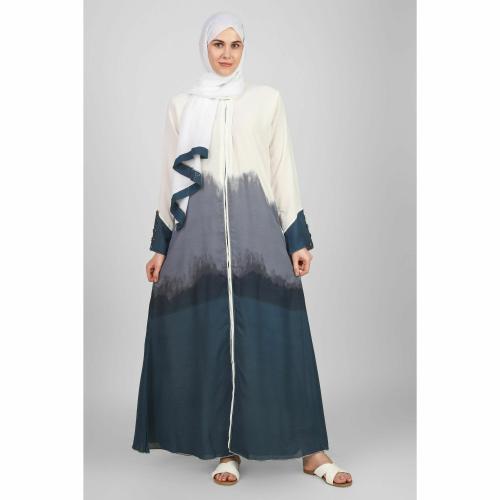 OVAIS ABAYA COLLECTION JUNIBA Double Contrast Tai Dye Front Open Zipper Abaya Loose Sleeve For Women Teal XS