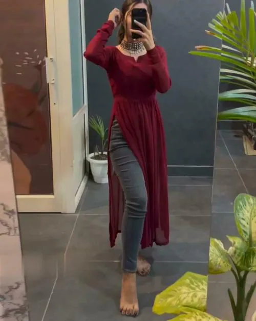 PuriMaa Georgette Maroon V-Neck Flared Kurta with Full Sleeves