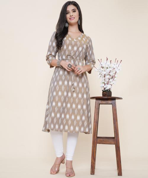 ANUSHIL Women Cotton Printed Angrakha Style V-Neck 3/4th Sleeves A-line Kurta for Girl's(Colour- Grey, Size- M)