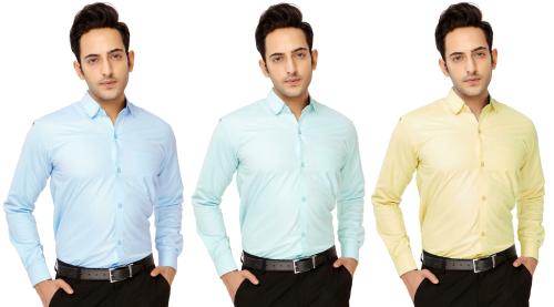 Kundan Light Blue, Light Green, Yellow Cotton Blend Solid Men Pack of 3 Formal Shirts
