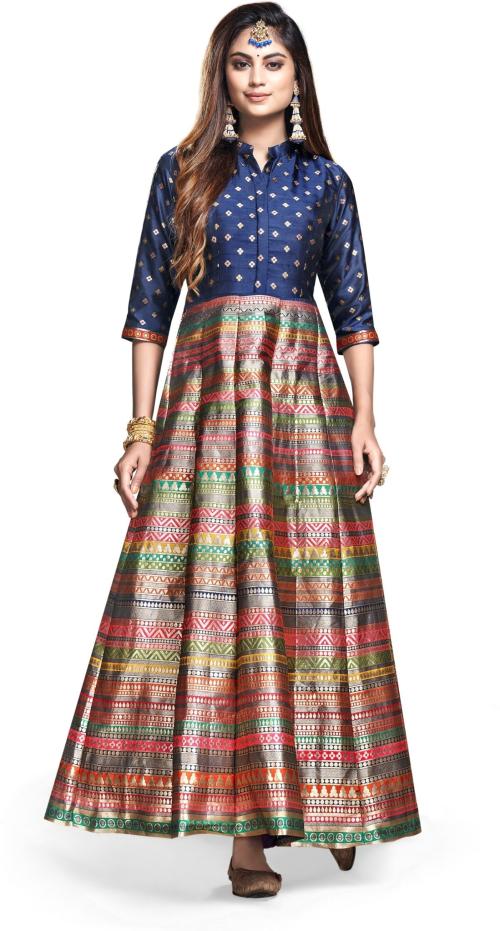 Vaani Creation Women Multicolor Jacquard Anarkali Gown Dress - Free Size