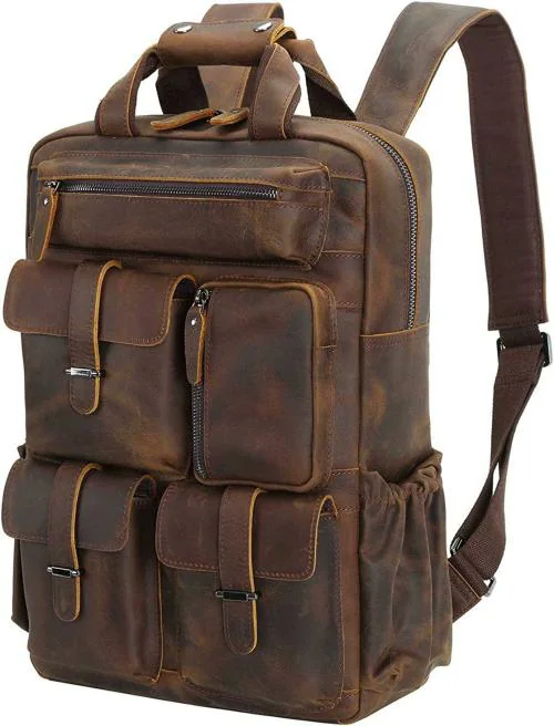 HIDE 1857 Polare Cowhide Leather Laptop Backpack with YKK Metal Zippers, Dark Brown