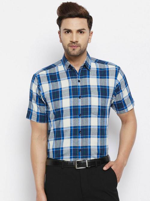 D Kumar Men's Pure Cotton Indigo Blue Checks Half Sleeves Regular Fit Formal Shirt