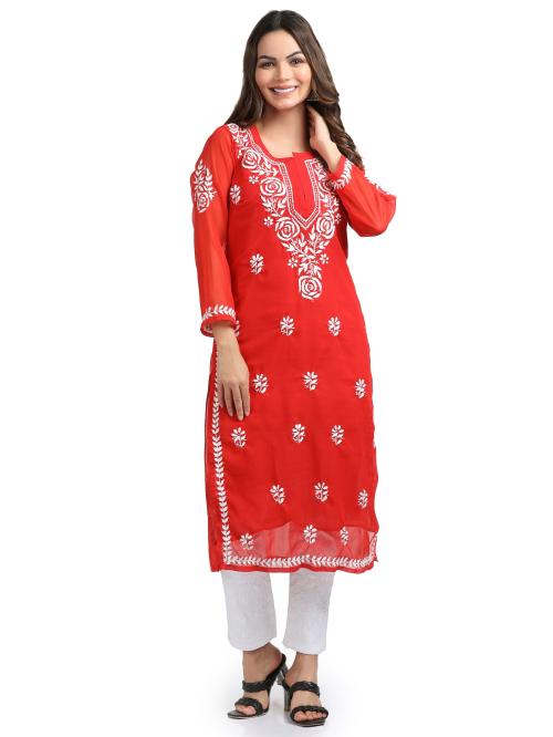 FAWOMENT Women's Lucknow Chikankari Kurta With Fine Rose Design Chikan Embroidery (RED, EXTRA LARGE)