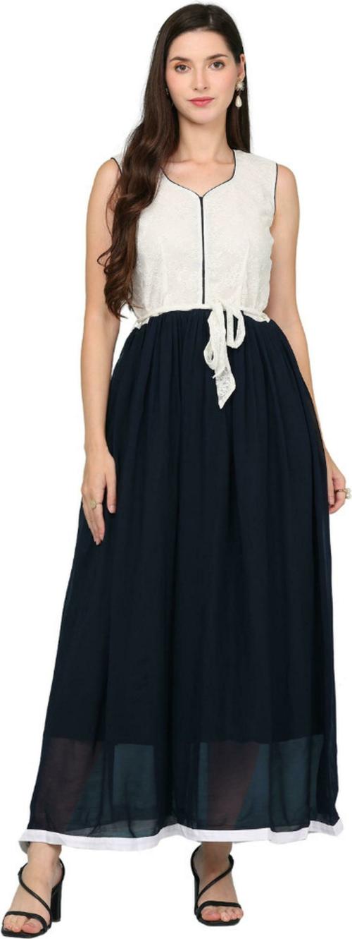 HSM HIGH Impero Women Dark Blue Embroidered Georgette Full Length Straight Gown