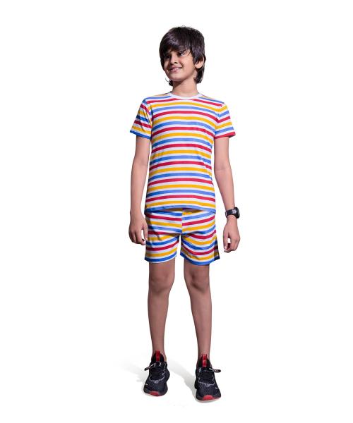 Pepp N Hagg Boys Red All Over 3 Colour Striped Printed 100 Percent Cotton T-Shirt And Shorts Set (8 Years-9 Years)
