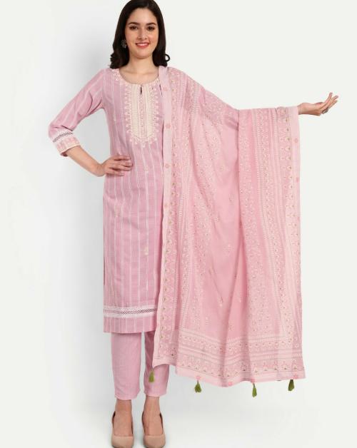 Kavita Gupta Cotton Lurex Kurta With Thread And Sequin Embroidery With Schiffli Palazzo And Duptta Pink XL