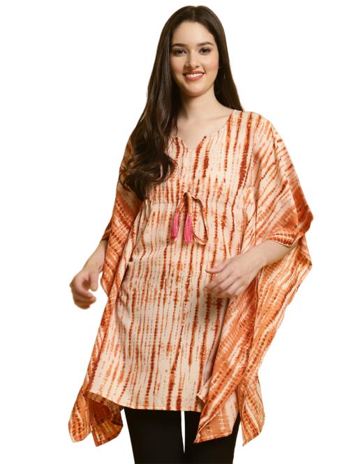 Fabflee Orange Crepe Printed Top For WomenWomen Tops | Tops | Kaftan Top | Kaftan | Kimono Sleeve | Printed Kaftan Top | Tops for women