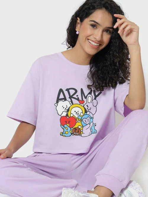 Bewakoof Women's Purple BTS Army Graphic Printed Round Neck Short Sleeve Oversized T-shirt
