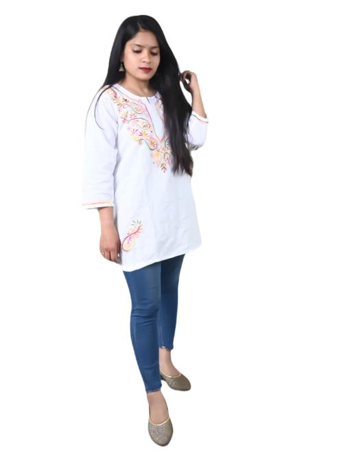 Sparkee Darkee Women White Cotton Short Lucknowi Chikankari Kurti (Xl)