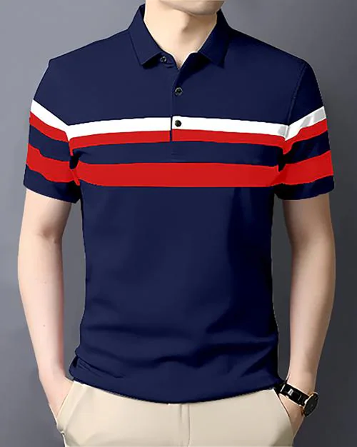 Gespo Navy Blue,Red & White Colorblocked Polo Neck Half Sleeve Casual T-Shirt