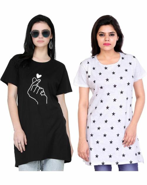 RG TRENDS Women Black and White Printed Cotton Blend Round Neck T-Shirt - S (Pack of 2)