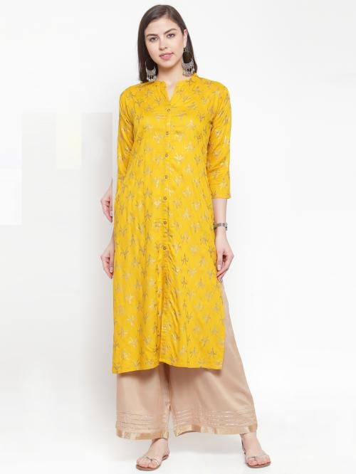 KSUT Women Mustard Yellow & Golden Foil Print Straight Kurta