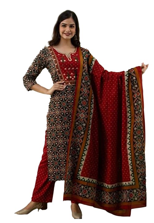 Clickedia Womens Fully Stitched Cotton Printed Straight Kurta with Patola Print and Embroidery on yoke with Pants and Dupatta Jaipuri Salwar Suit-XL
