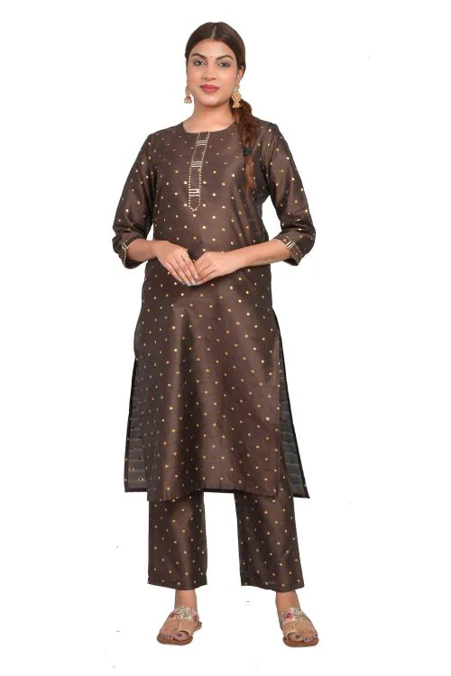 Riara Women's Art Silk Kurti with Pant Regular Straight Suit Polka Dot Pattern Kurta Set for Ladies (Small, Chocolate Brown)