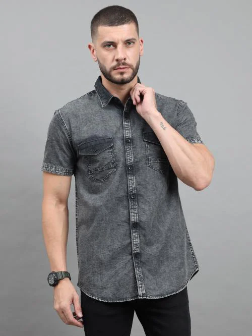 Buy 18+_024_DENIM SHIRT Men's Denim Cutaway Collar Slim Fit Half Sleeve
