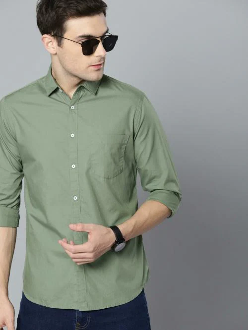 Dennis Lingo Men's Slim Fit Pure Cotton Solid Full Sleeves Casual Shirt (Dusty Green)