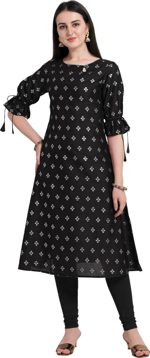 The Fab Factory Women Black Printed Silk Blend Single A-Line Kurta