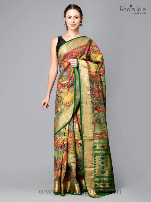 Roots Tale RED PAITHANI VILLAGE SCENE SILK SAREE