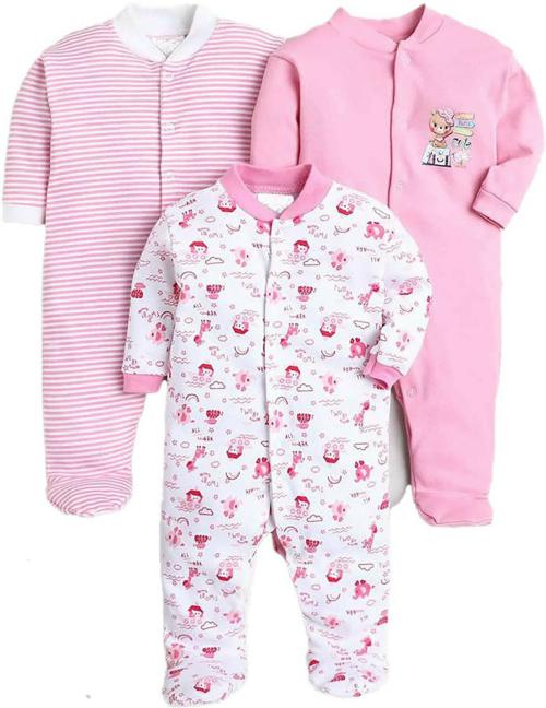 MM IMPEX Baby Boys and Girls PINK Printed Cotton Blend Pack of 3 Romper 6-9 MONTHS| Rompers |Sleepsuits | Jumpsuit |Body suits