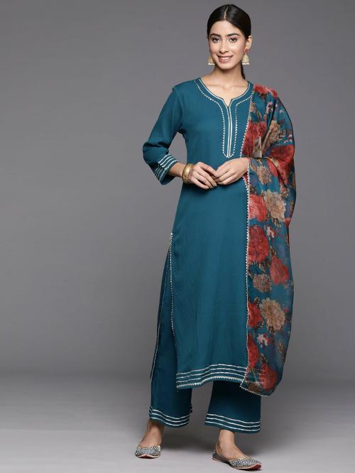 Varanga Women Teal Straight Kurta Paired With Tonal Bottom And Tabby Dupatta