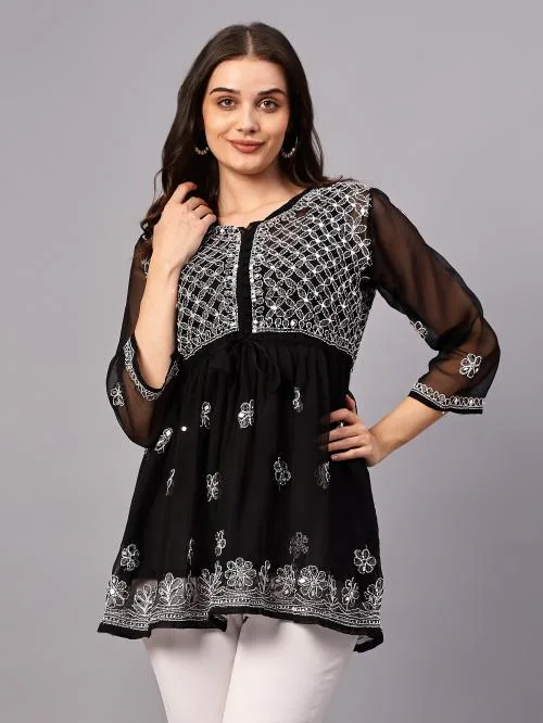 MRS RIGHT CHIKANKARI GEORGETTE BLACK SHORT TOP FROCK KURTI MIRROR WORK
