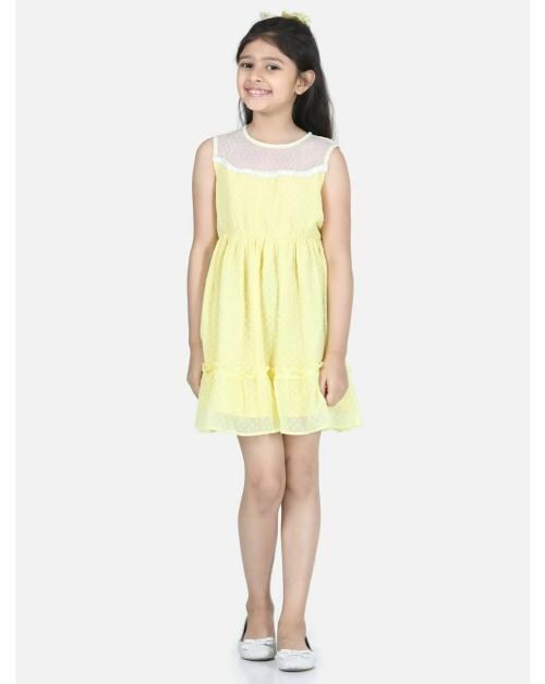 StyleStone Girls Yellow Polyester Self Design Dress with Net and Lace Inserts