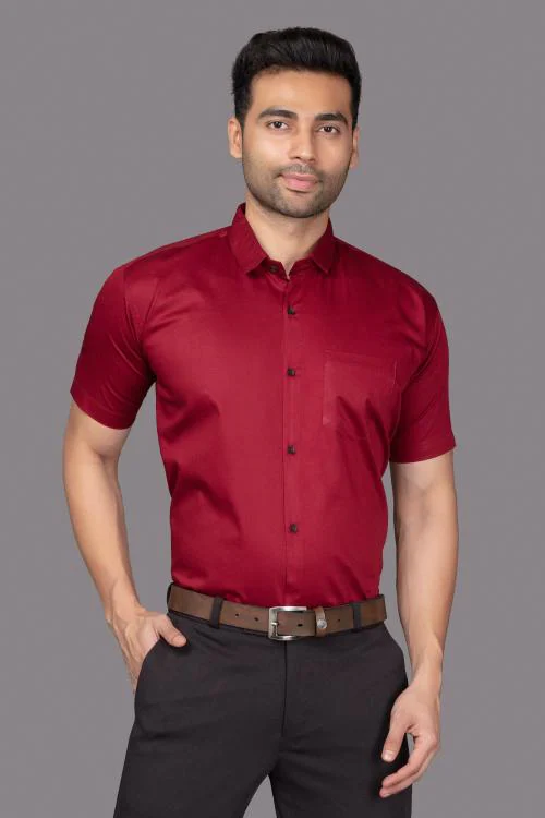 Blue Fer Fashion Men Maroon Solid Cotton Blend Casual Shirt (L)