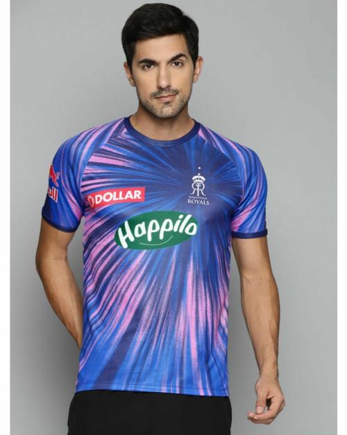 Alcis Men Blue Pink Rajasthan Royals Brand Logo Printed Slim Fit Running T-shirt
